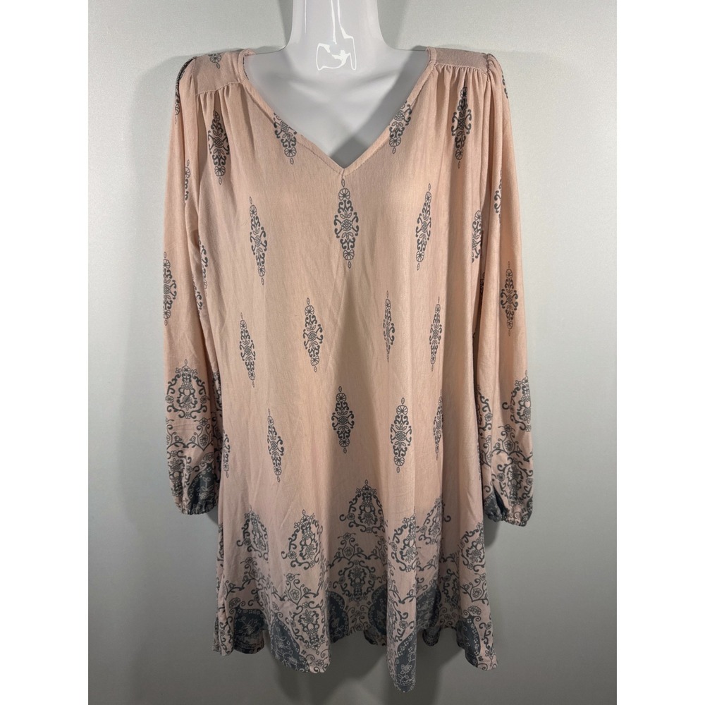 Reborn J Pink‎ Grey Damask Medallion V-Neck Mini Dress Tunic Small NEW Bohemian